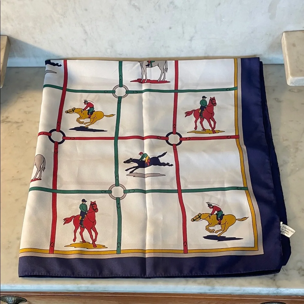 Vintage Multicolor Equestrian Horse Racing Square Italian Scarf - Picture 3 of 16